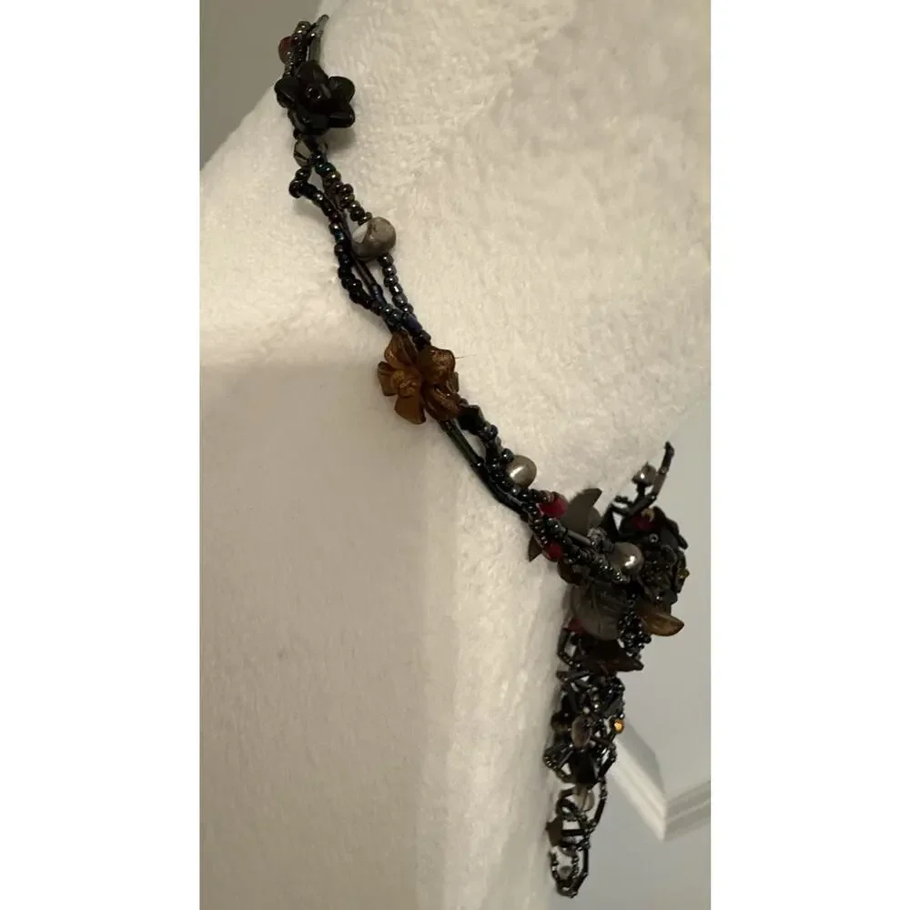 Vintage Artisan Wearable Art Beaded Floral Necklace Gunmetal Boho Gothic - Picture 6 of 8